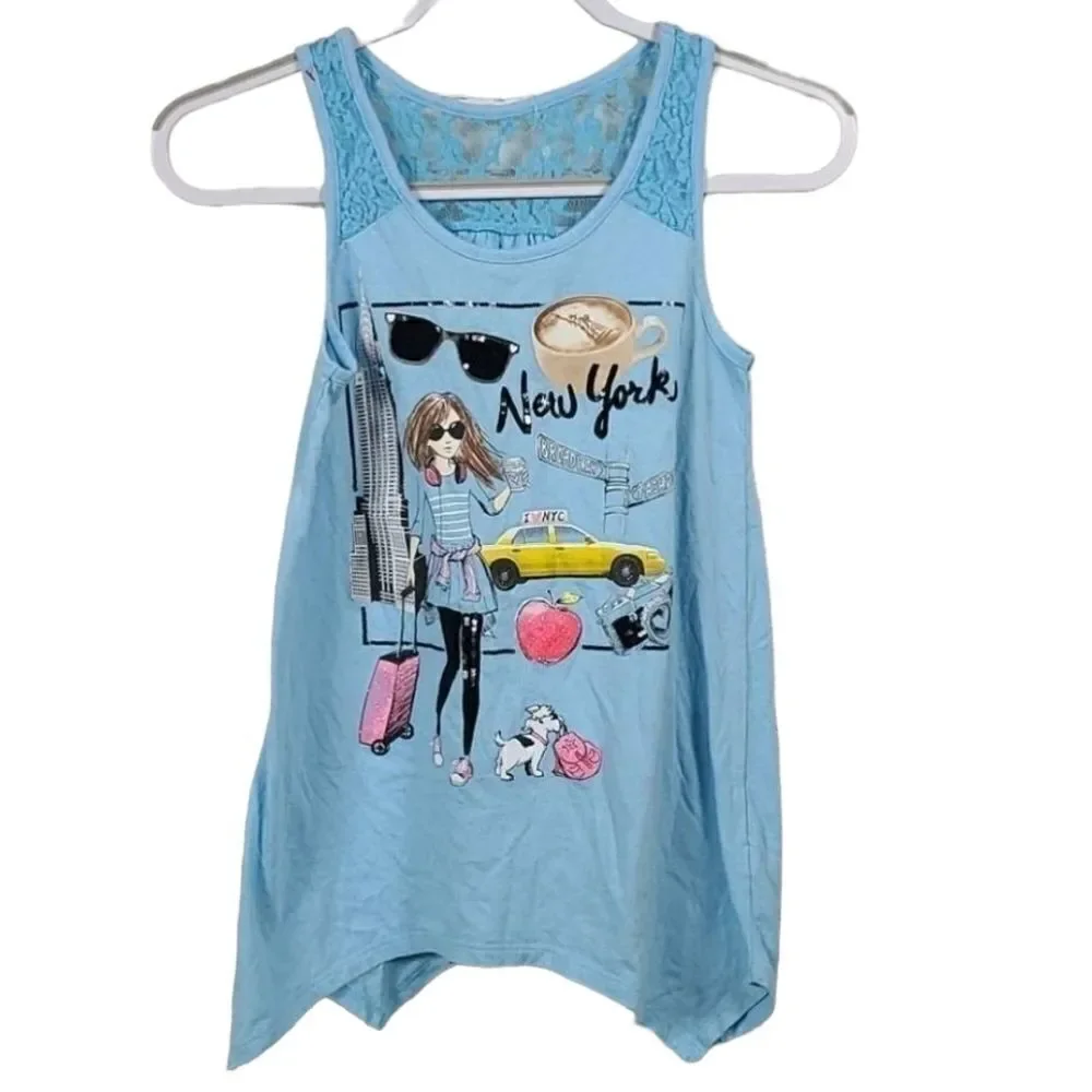 Justice Girls 14 Blue Sleeveless Shirt New York Glitter Sequin Tank Top Tee